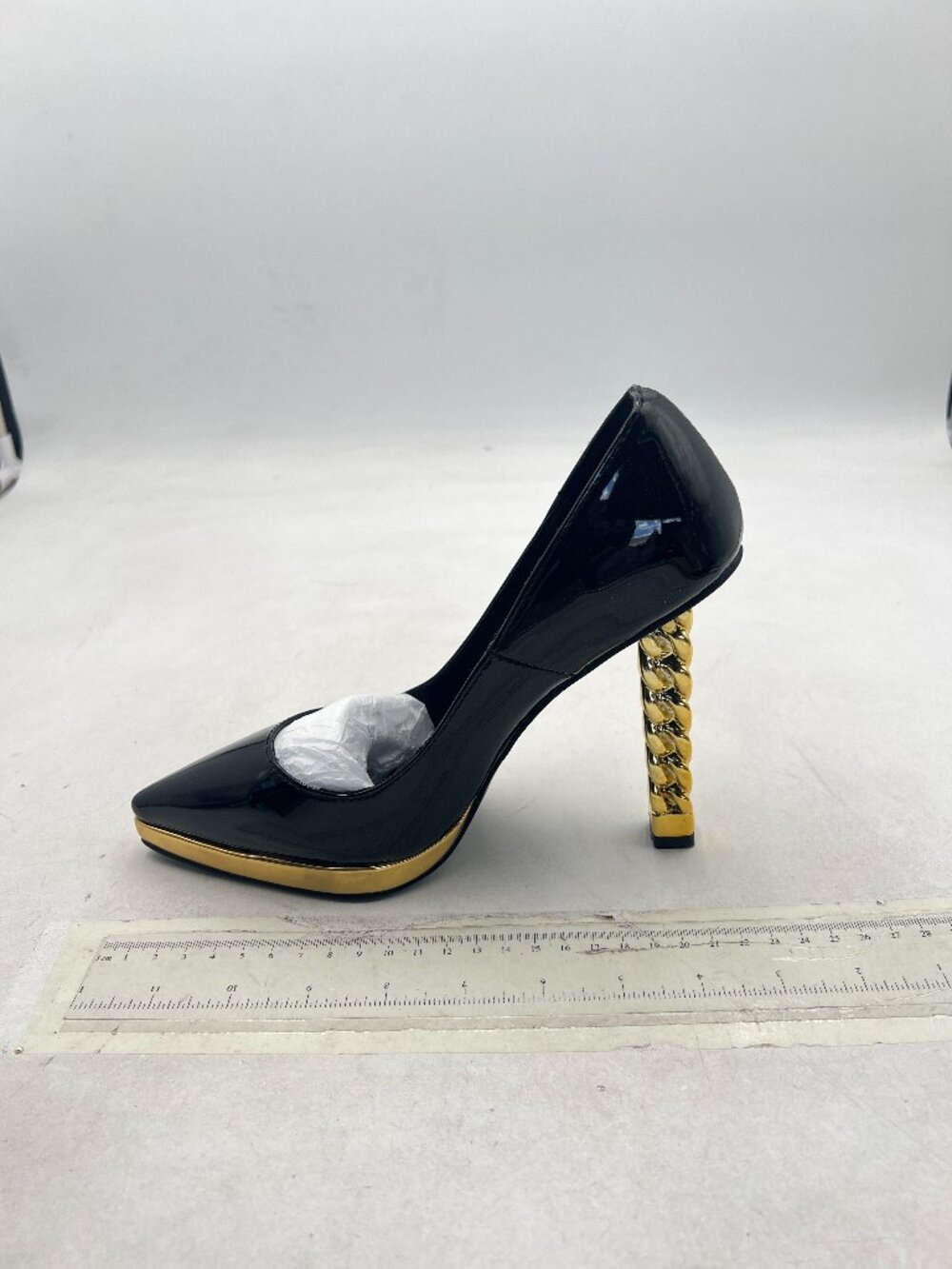 FSJ Black Gold Metal Chain Chunky High Heel Pointed Toe Slip On Fashion Pumps